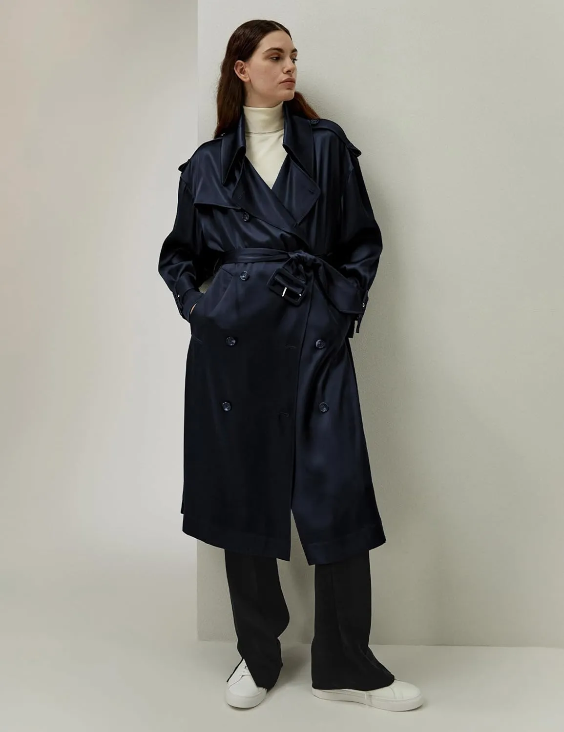 LilySilk 100% Silk Oversized Trenchcoat for Women Lapel Collar Long Drop-shoulder Belt Cuffs Work Business Fall Silk Coat