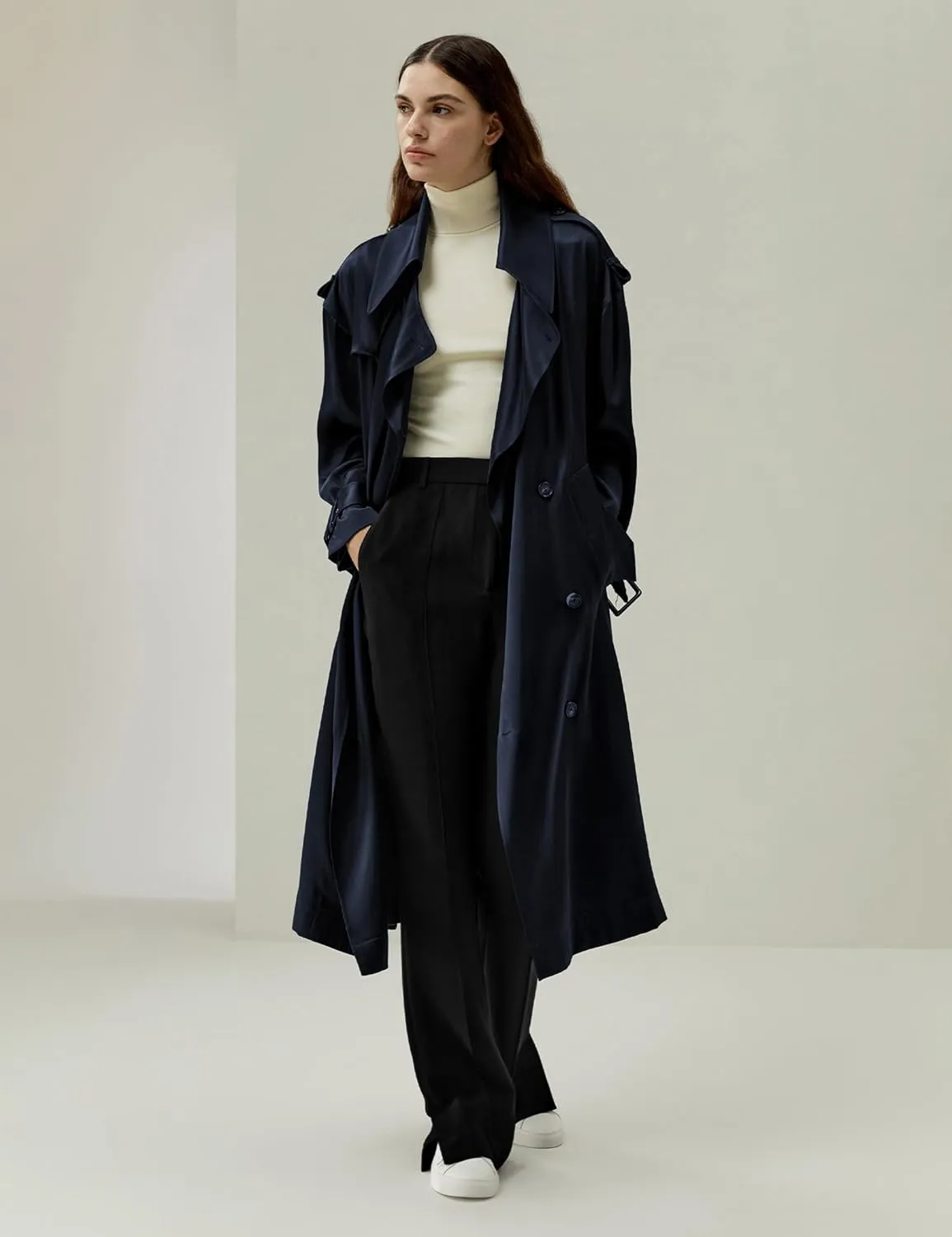 LilySilk 100% Silk Oversized Trenchcoat for Women Lapel Collar Long Drop-shoulder Belt Cuffs Work Business Fall Silk Coat