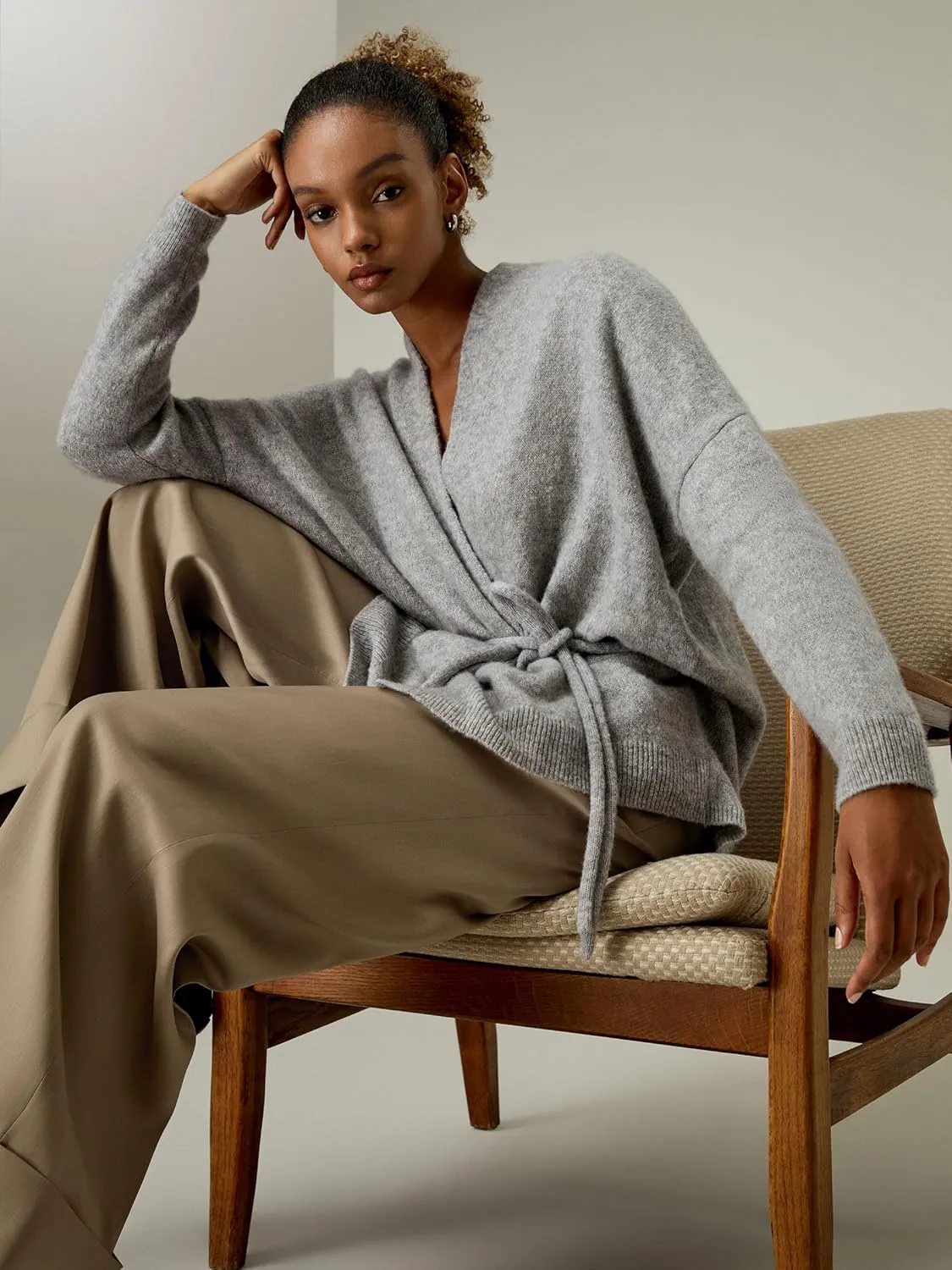 LilySilk Cashmere Silk Blended Lounge Wrap Cardigan for Women Relaxed Fit Wrap Front Coat for Autumn Winter Loungewear