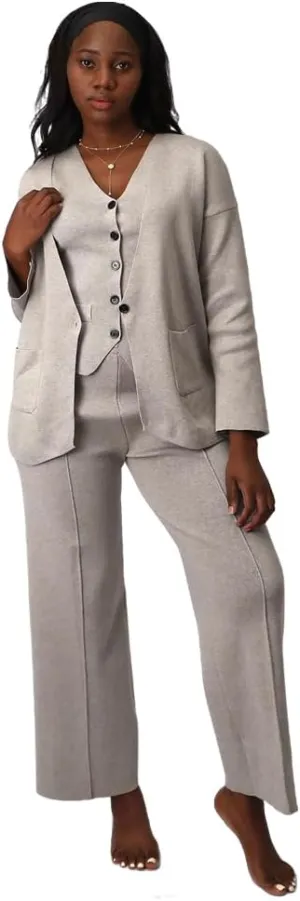 Linen Suit Set Women 3 Piece Blazer Pants Elegant Breasted Jacket Wide Leg Pants Versatile Work Event Attire