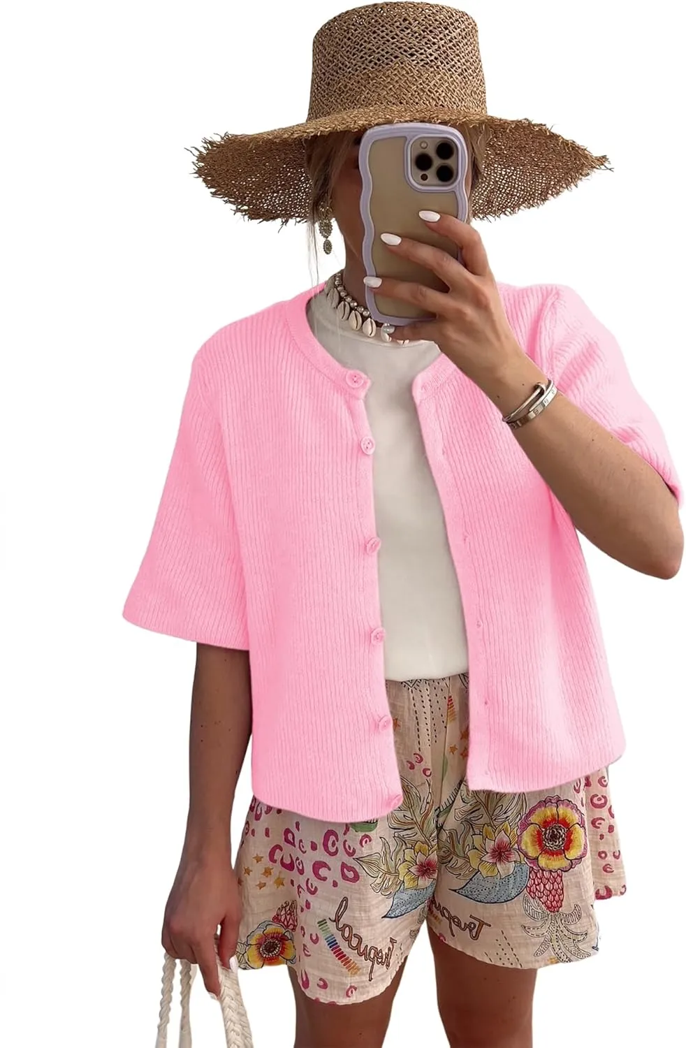 LOMON Womens Spring Summer Short Sleeve Cardigan Sweaters Trendy Crew Neck Button Down Lightweight Knit Outfit Y2k Clothes