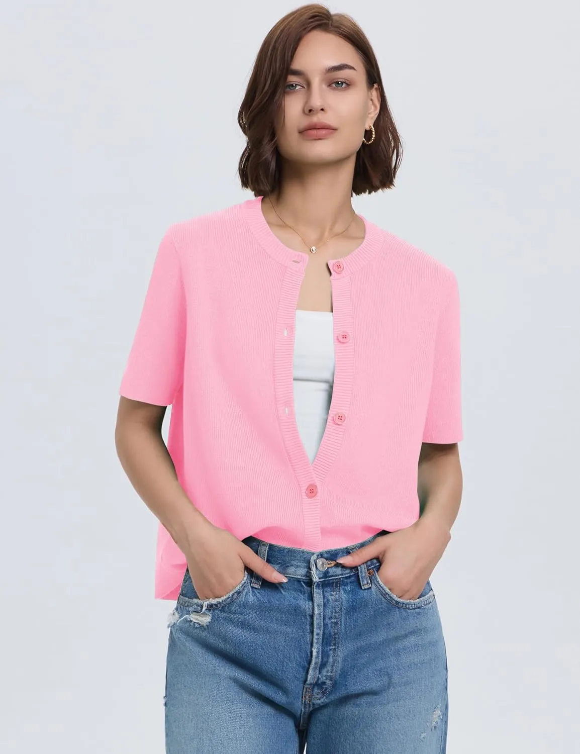 LOMON Womens Spring Summer Short Sleeve Cardigan Sweaters Trendy Crew Neck Button Down Lightweight Knit Outfit Y2k Clothes