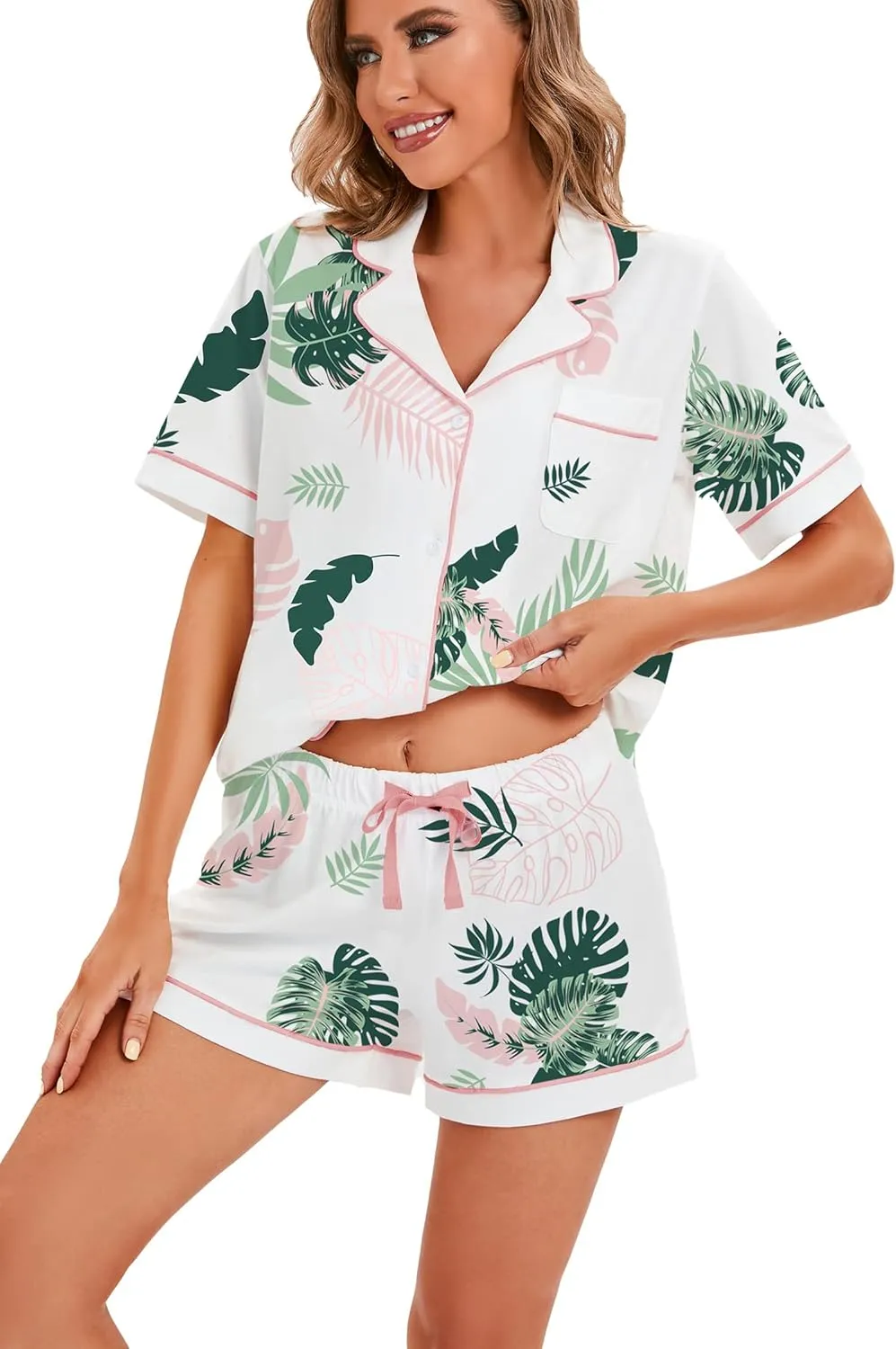 LUBOT 100% Cotton Pajamas for Women 2 Piece PJ Set Button-Down Soft Knit Short Sleeve Summer Sleepwear Loungewear XS-XXL