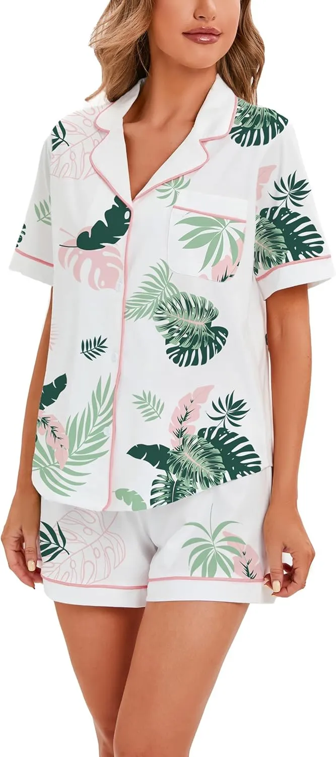 LUBOT 100% Cotton Pajamas for Women 2 Piece PJ Set Button-Down Soft Knit Short Sleeve Summer Sleepwear Loungewear XS-XXL
