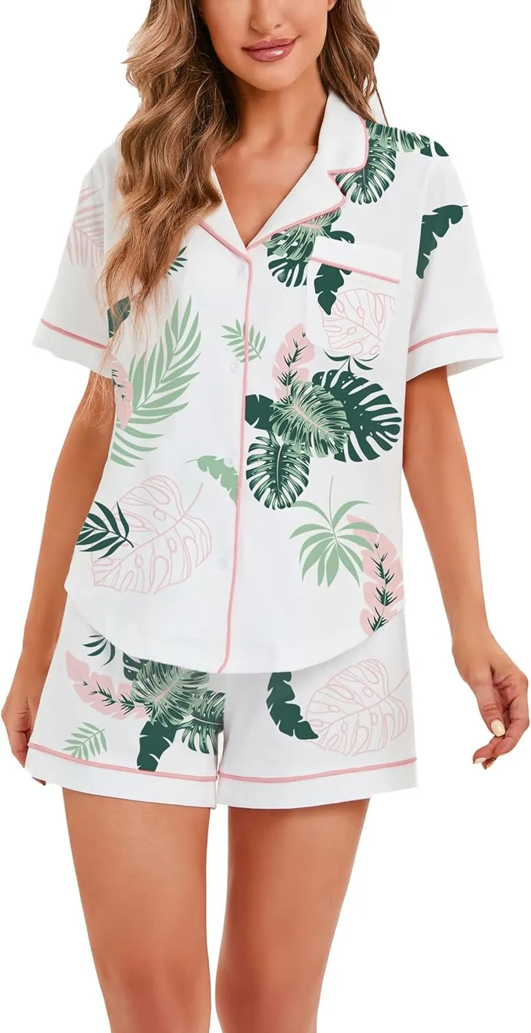 LUBOT 100% Cotton Pajamas for Women 2 Piece PJ Set Button-Down Soft Knit Short Sleeve Summer Sleepwear Loungewear XS-XXL