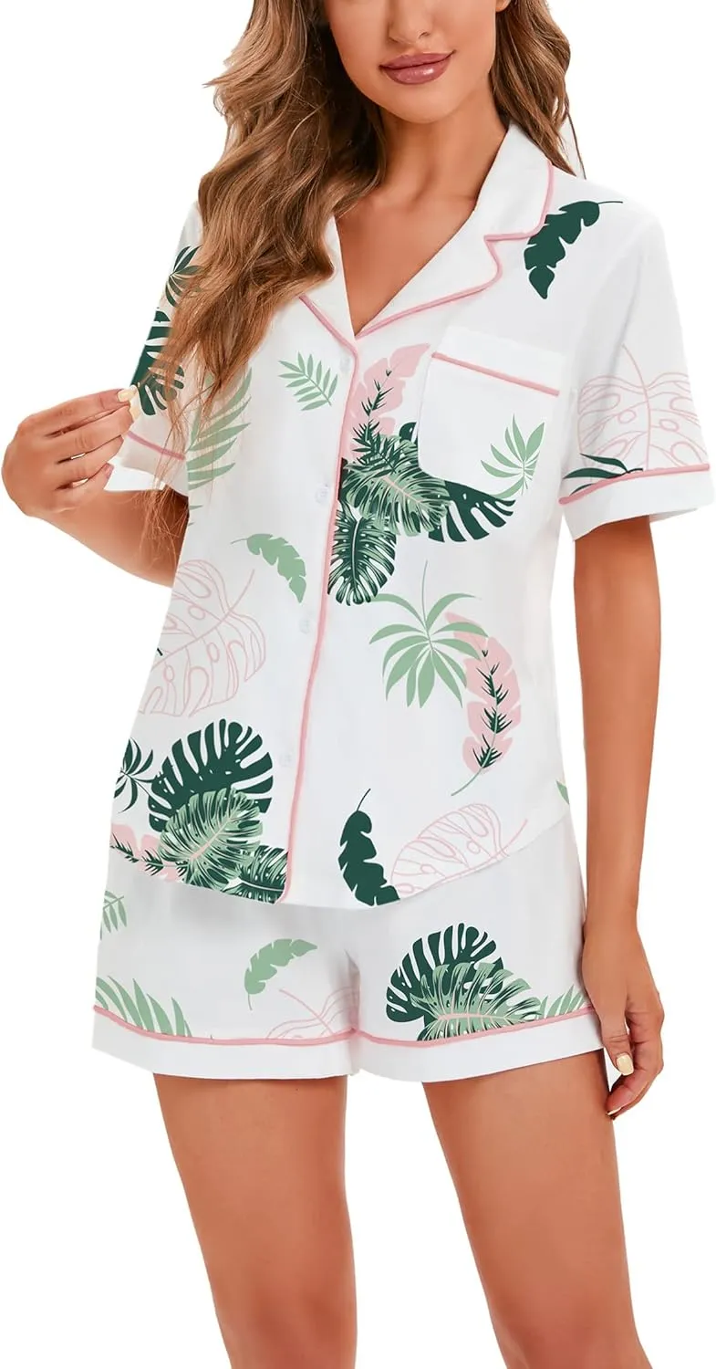 LUBOT 100% Cotton Pajamas for Women 2 Piece PJ Set Button-Down Soft Knit Short Sleeve Summer Sleepwear Loungewear XS-XXL