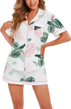 LUBOT 100% Cotton Pajamas for Women 2 Piece PJ Set Button-Down Soft Knit Short Sleeve Summer Sleepwear Loungewear XS-XXL