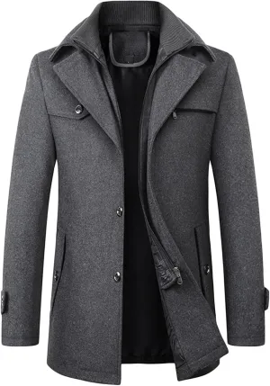 Maiyifu-GJ Men Layered Collar Wool Blend Jacket Military Single Breasted Pea Coat Thick Stylish Quilted Lined Trench Overcoat
