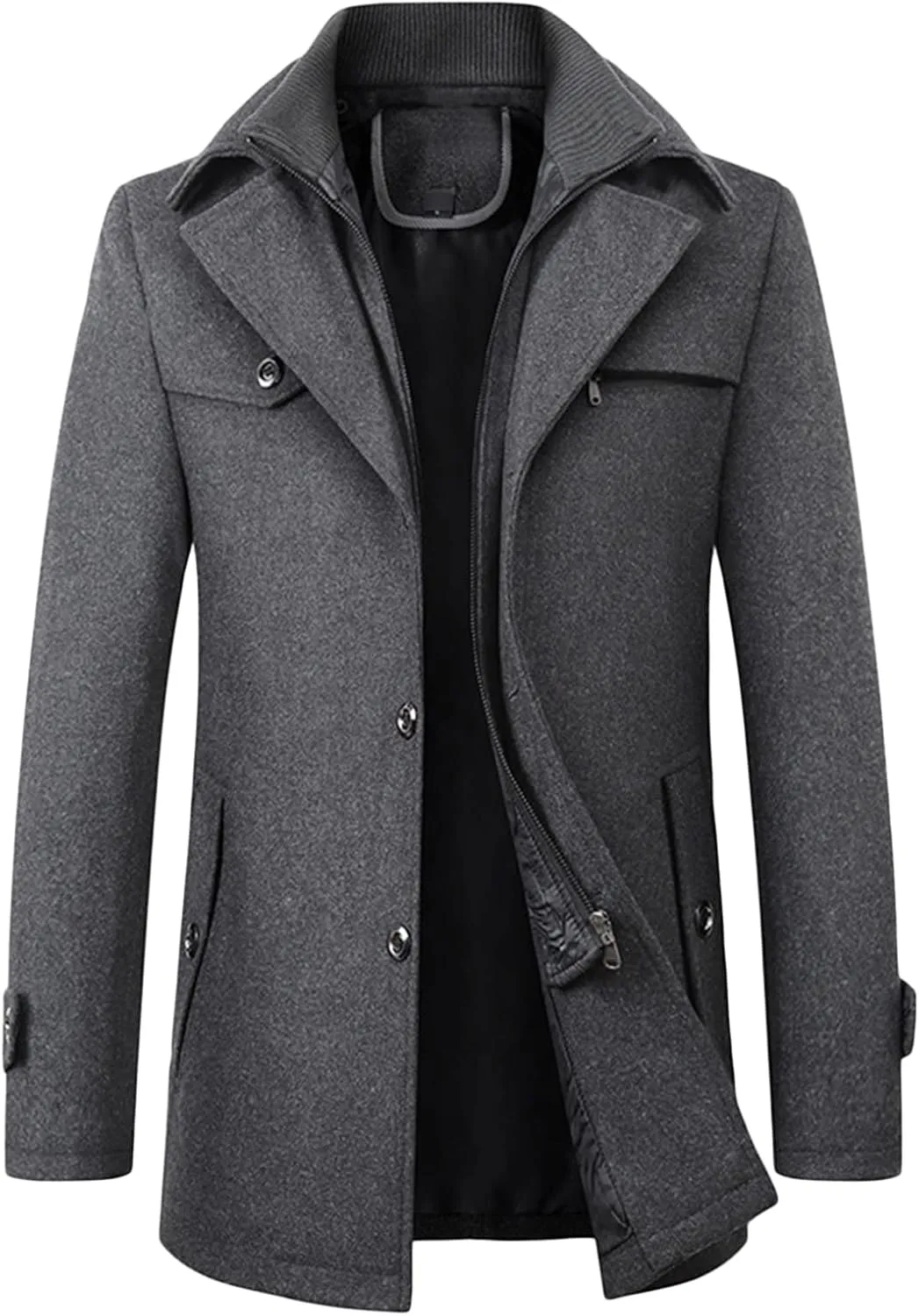 Maiyifu-GJ Men Layered Collar Wool Blend Jacket Military Single Breasted Pea Coat Thick Stylish Quilted Lined Trench Overcoat