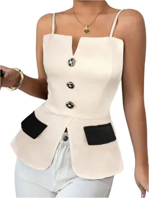 MakeMeChic Women's Elegant Sleeveless Tops Color Block Camisole Top Button Front Backless Camis Shirts