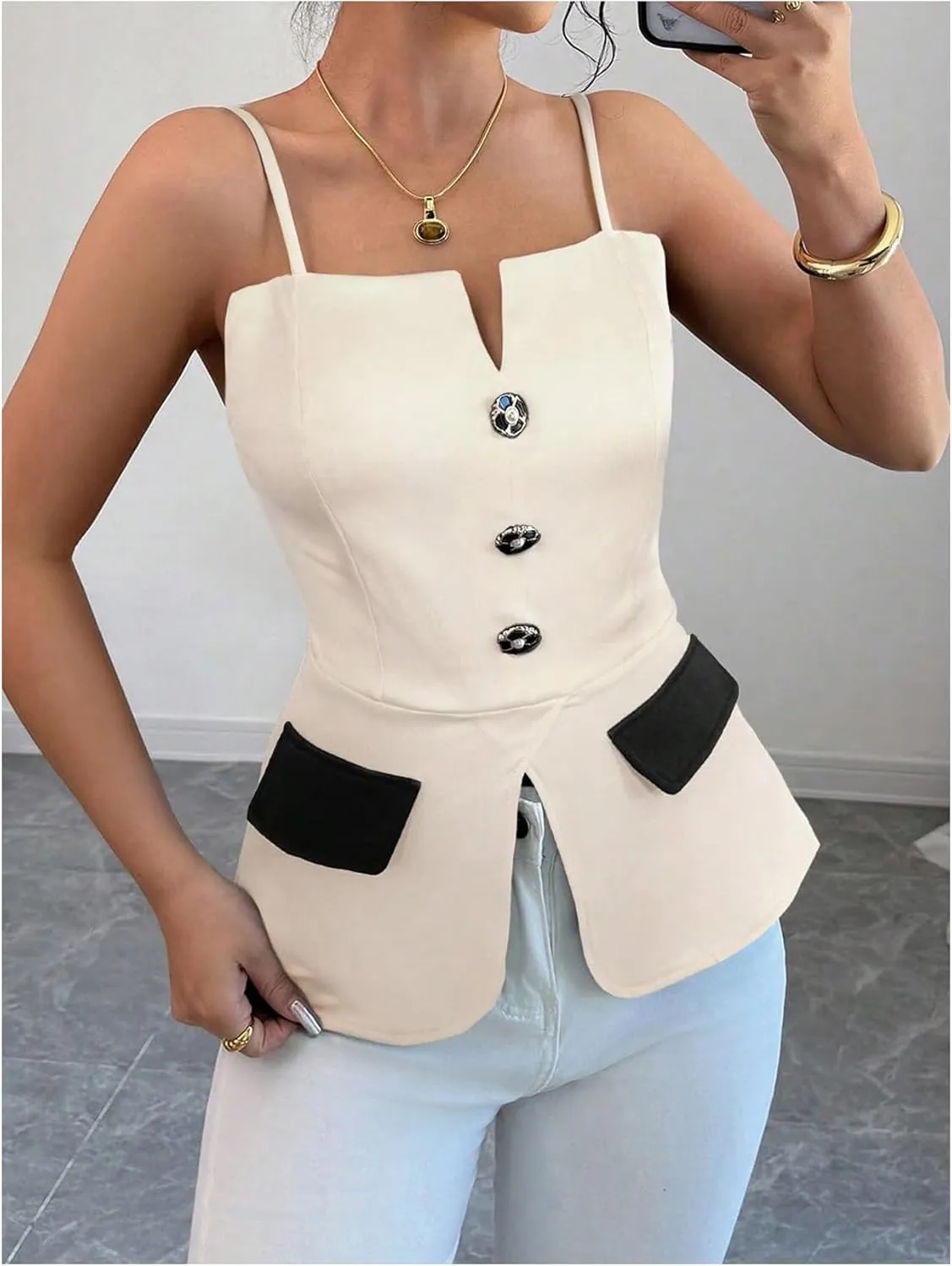 MakeMeChic Women's Elegant Sleeveless Tops Color Block Camisole Top Button Front Backless Camis Shirts