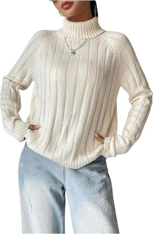 MakeMeChic Women's Turtleneck Sweater Knitwear Long Sleeve Rib Knitted Pullover Tops