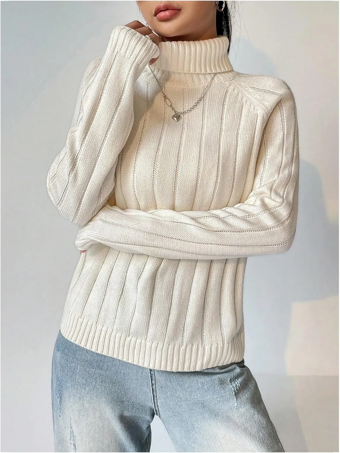 MakeMeChic Women's Turtleneck Sweater Knitwear Long Sleeve Rib Knitted Pullover Tops