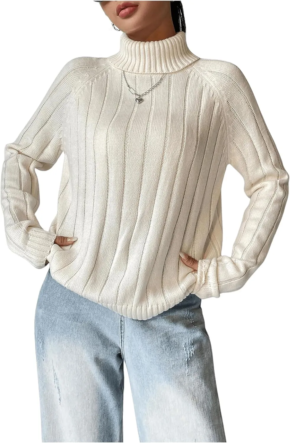 MakeMeChic Women's Turtleneck Sweater Knitwear Long Sleeve Rib Knitted Pullover Tops