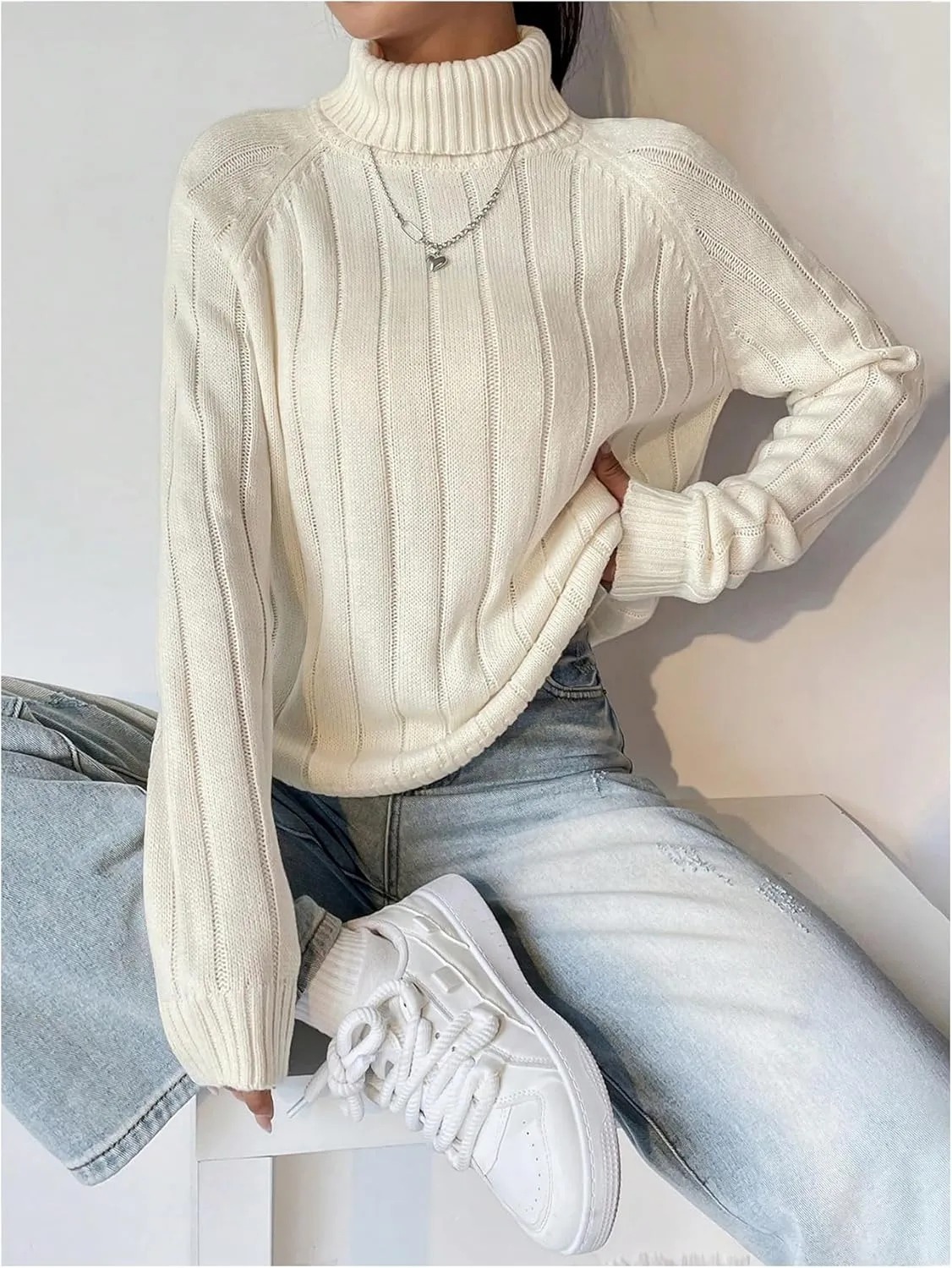 MakeMeChic Women's Turtleneck Sweater Knitwear Long Sleeve Rib Knitted Pullover Tops