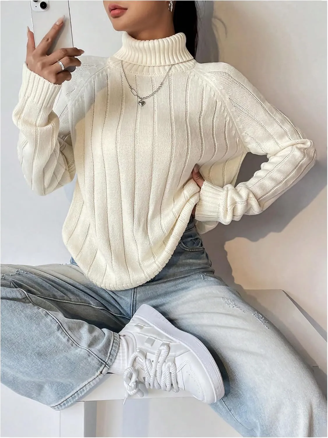 MakeMeChic Women's Turtleneck Sweater Knitwear Long Sleeve Rib Knitted Pullover Tops