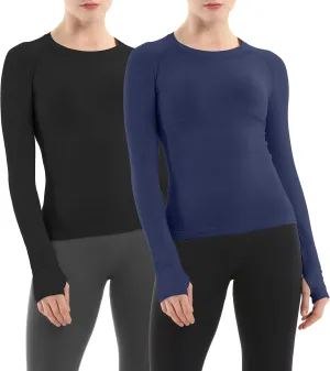 MathCat Seamless Workout Shirts for Women Long Sleeve Yoga Running Shirt Breathable Athletic Tops Slim Fit 2 Pack