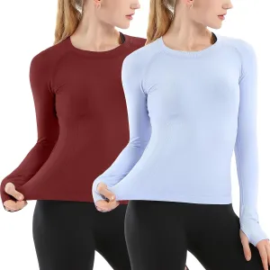 MathCat Seamless Workout Shirts for Women Long Sleeve Yoga Running Shirt Breathable Athletic Tops Slim Fit 2 Pack