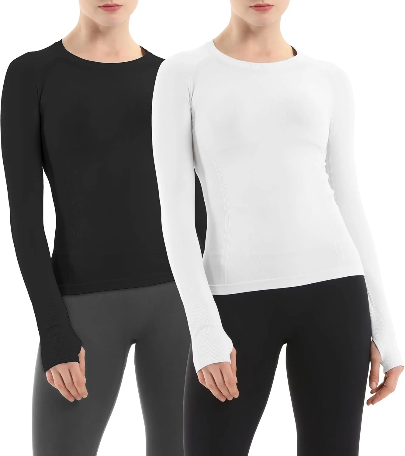 MathCat Seamless Workout Shirts for Women Long Sleeve Yoga Running Shirt Breathable Athletic Tops Slim Fit 2 Pack