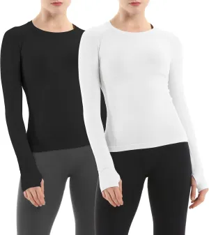 MathCat Seamless Workout Shirts for Women Long Sleeve Yoga Running Shirt Breathable Athletic Tops Slim Fit 2 Pack