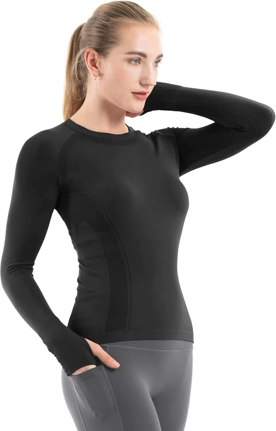 MathCat Seamless Workout Shirts for Women Long Sleeve Yoga Running Shirt Breathable Athletic Tops Slim Fit 2 Pack