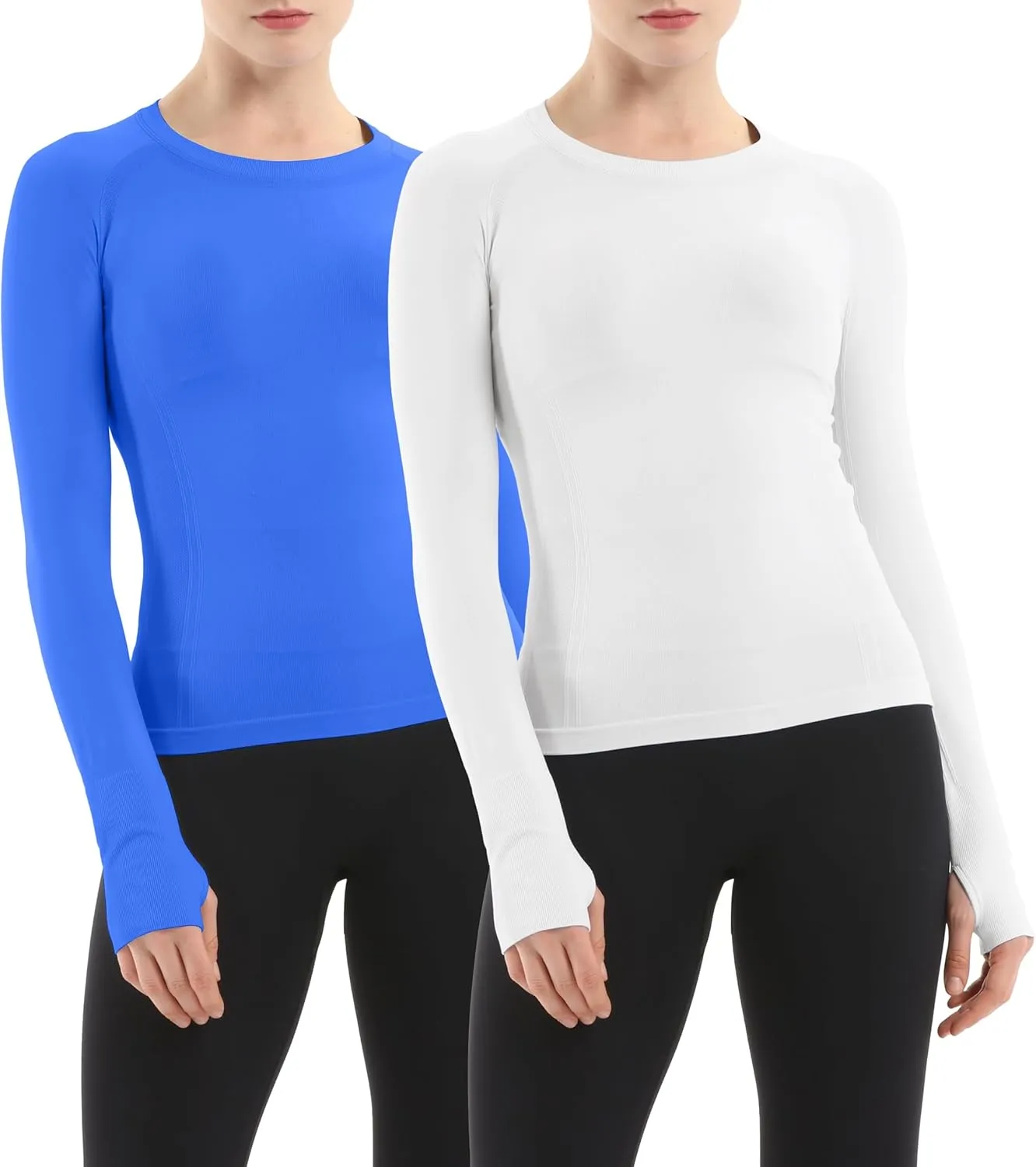 MathCat Seamless Workout Shirts for Women Long Sleeve Yoga Running Shirt Breathable Athletic Tops Slim Fit 2 Pack