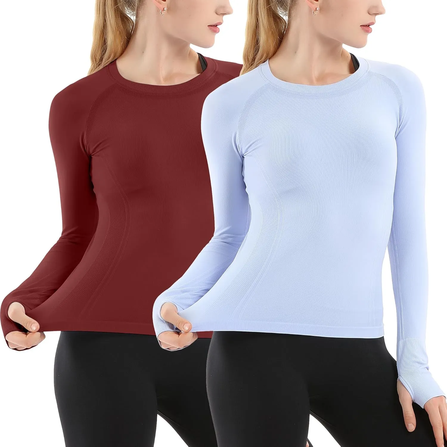 MathCat Seamless Workout Shirts for Women Long Sleeve Yoga Running Shirt Breathable Athletic Tops Slim Fit 2 Pack
