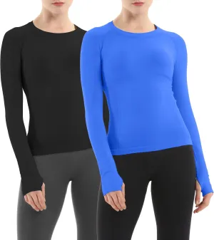 MathCat Seamless Workout Shirts for Women Long Sleeve Yoga Running Shirt Breathable Athletic Tops Slim Fit 2 Pack
