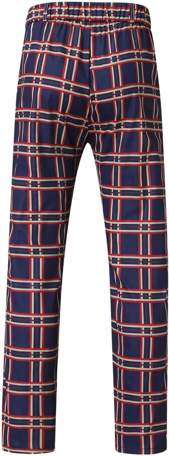 Men Grid Tailored Pants Casual Slim Fit Chinos Plaid Printed Stretch Flat-Front Dress Pants Skinny Business Pencil Pants