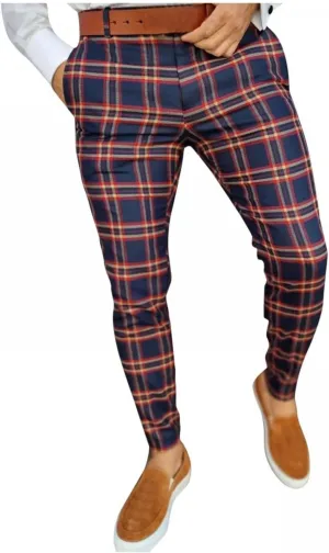 Men Grid Tailored Pants Casual Slim Fit Chinos Plaid Printed Stretch Flat-Front Dress Pants Skinny Business Pencil Pants