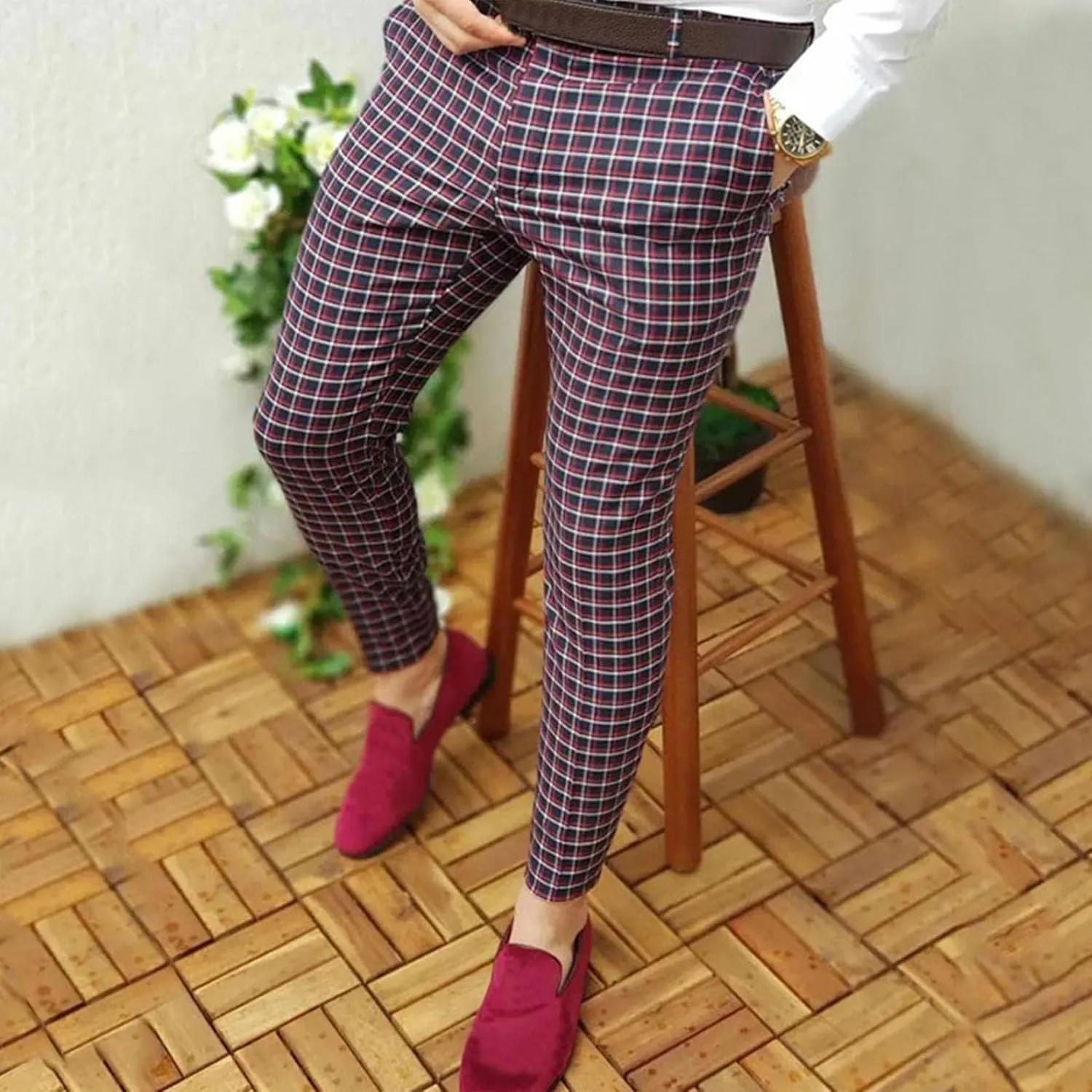 Men Grid Tailored Pants Casual Slim Fit Chinos Plaid Printed Stretch Flat-Front Dress Pants Skinny Business Pencil Pants