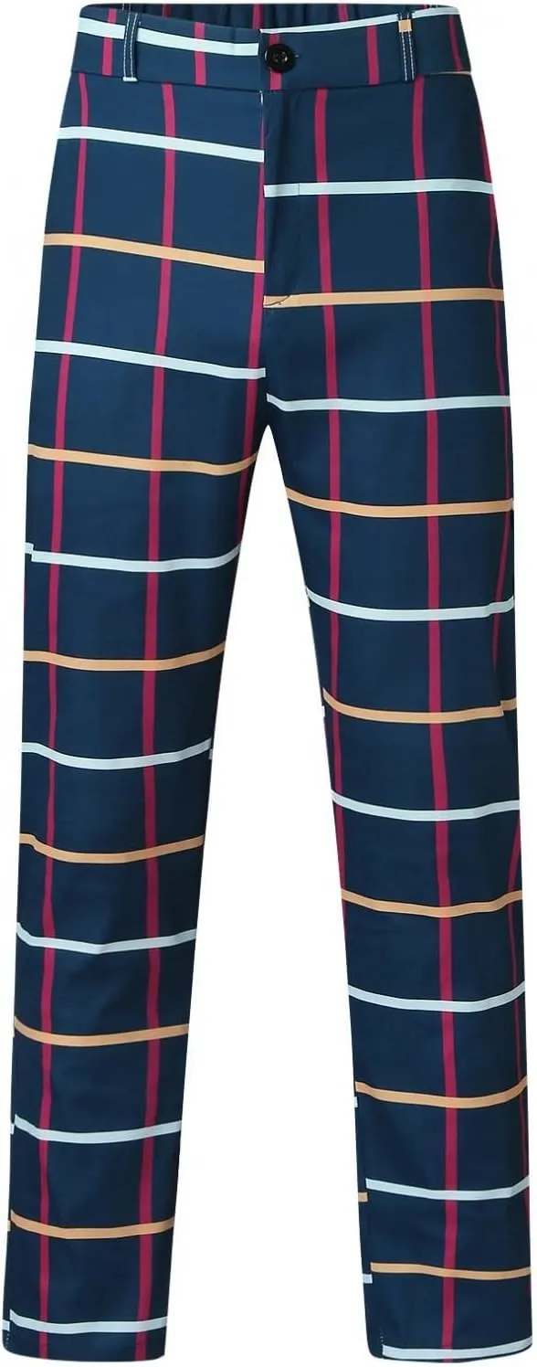 Men Grid Tailored Pants Casual Slim Fit Chinos Plaid Printed Stretch Flat-Front Dress Pants Skinny Business Pencil Pants