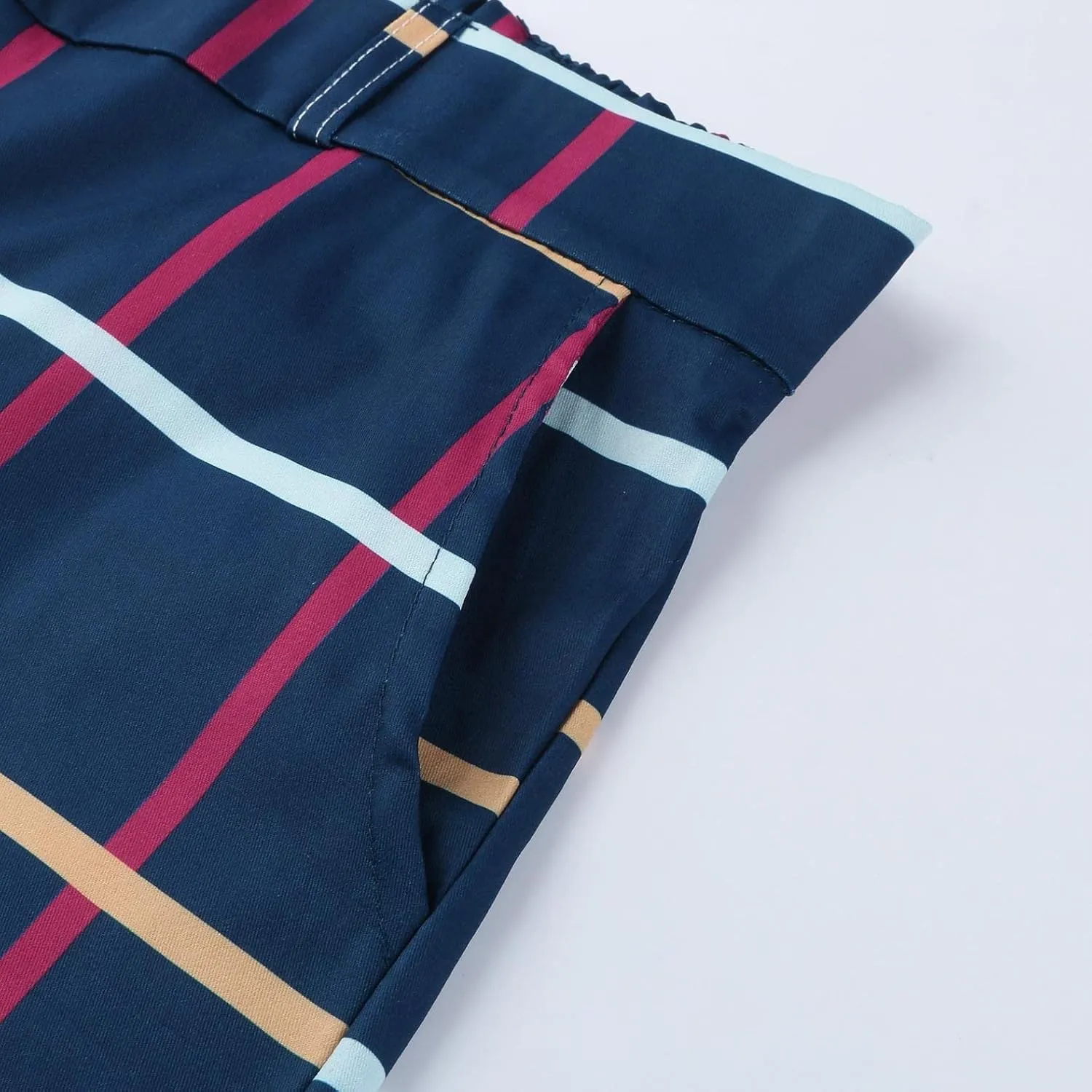 Men Grid Tailored Pants Casual Slim Fit Chinos Plaid Printed Stretch Flat-Front Dress Pants Skinny Business Pencil Pants