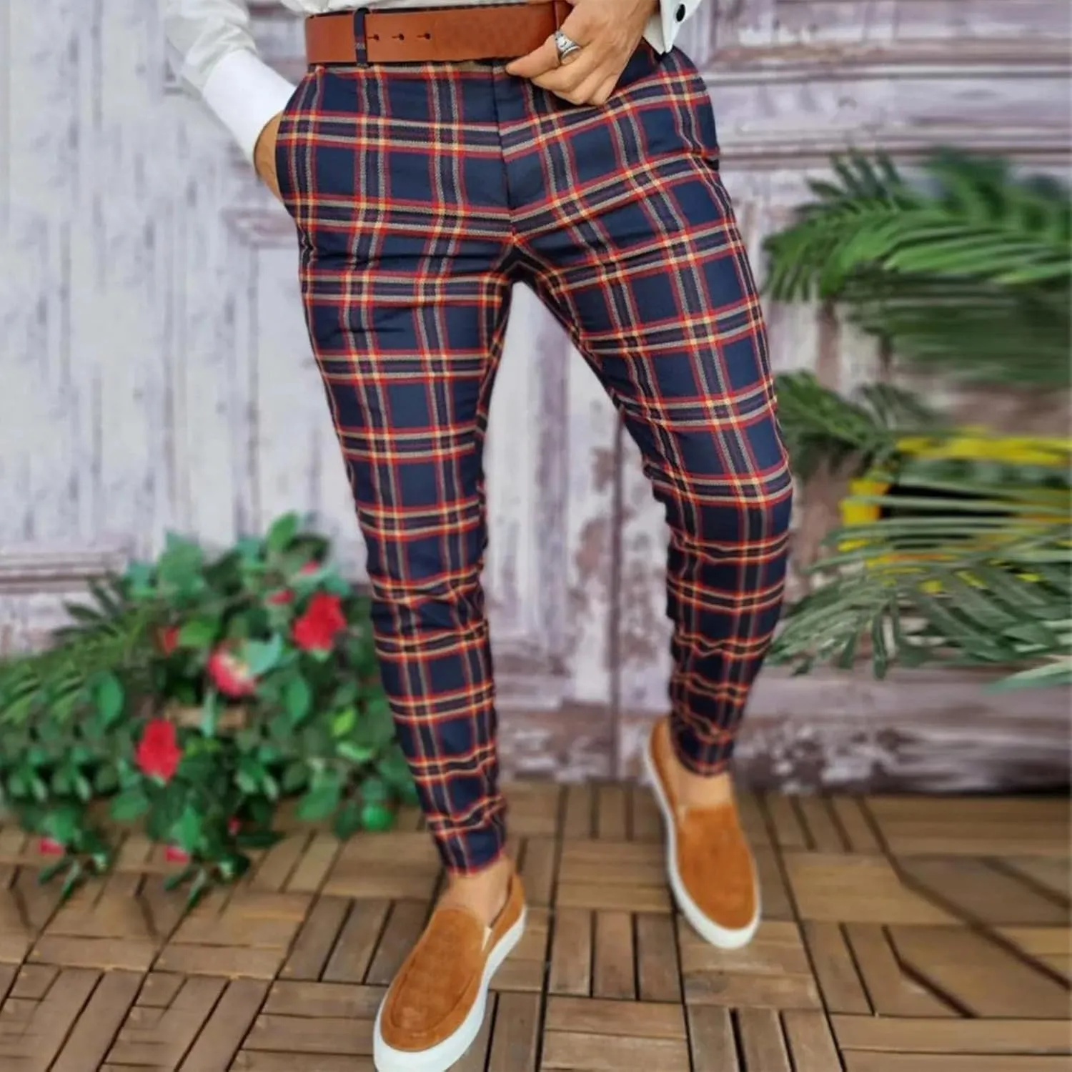 Men Grid Tailored Pants Casual Slim Fit Chinos Plaid Printed Stretch Flat-Front Dress Pants Skinny Business Pencil Pants