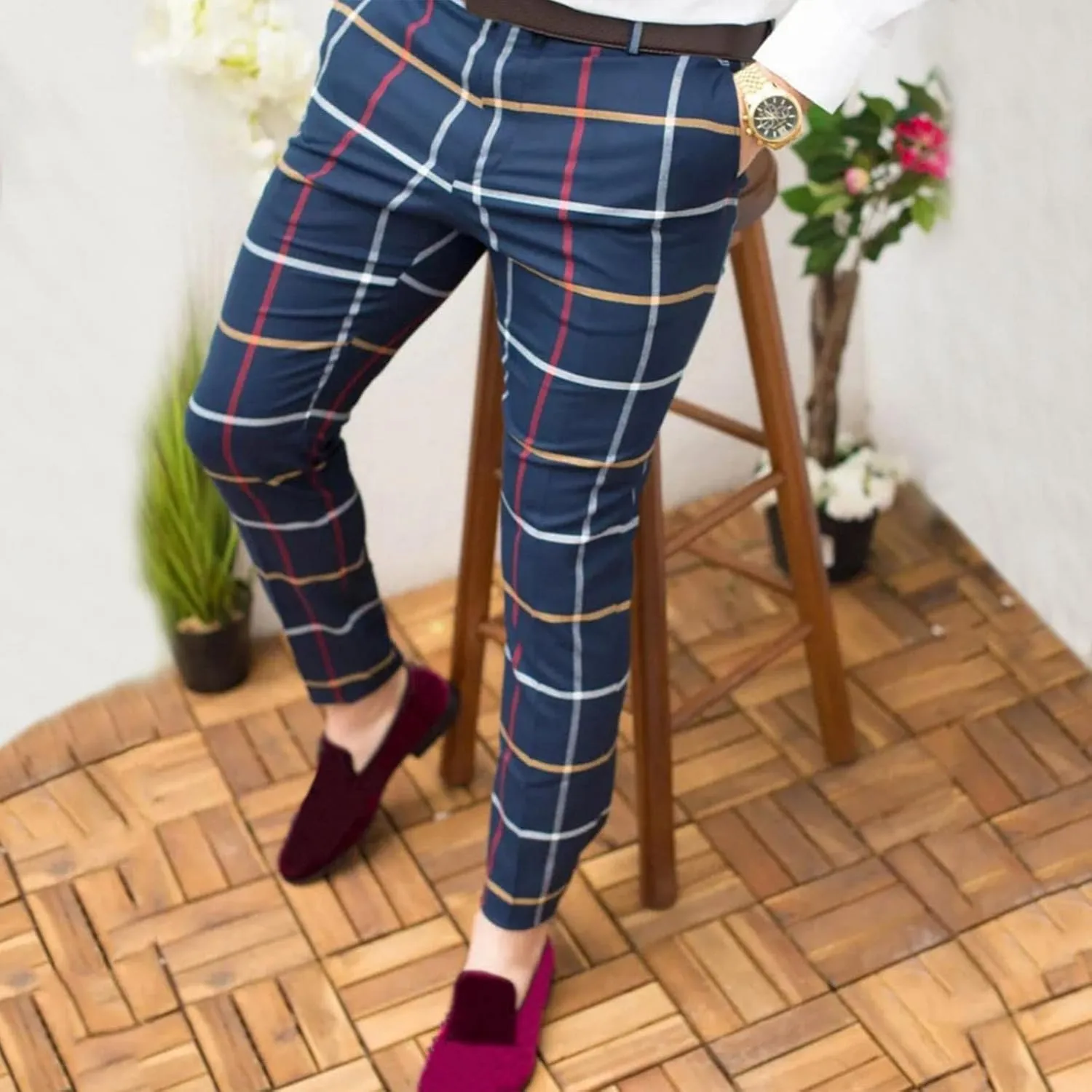 Men Grid Tailored Pants Casual Slim Fit Chinos Plaid Printed Stretch Flat-Front Dress Pants Skinny Business Pencil Pants