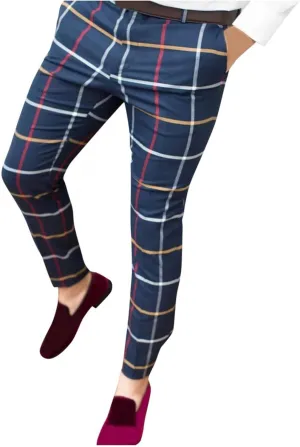 Men Grid Tailored Pants Casual Slim Fit Chinos Plaid Printed Stretch Flat-Front Dress Pants Skinny Business Pencil Pants