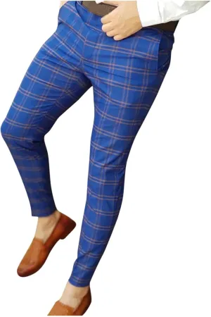 Men Grid Tailored Pants Casual Slim Fit Chinos Plaid Printed Stretch Flat-Front Dress Pants Skinny Business Pencil Pants