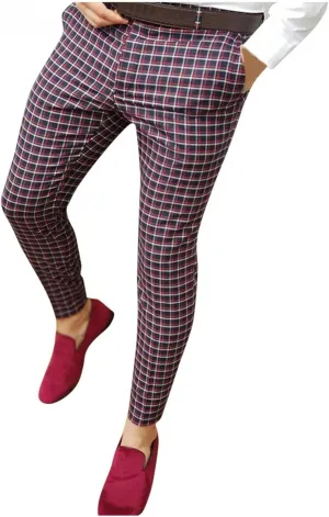 Men Grid Tailored Pants Casual Slim Fit Chinos Plaid Printed Stretch Flat-Front Dress Pants Skinny Business Pencil Pants