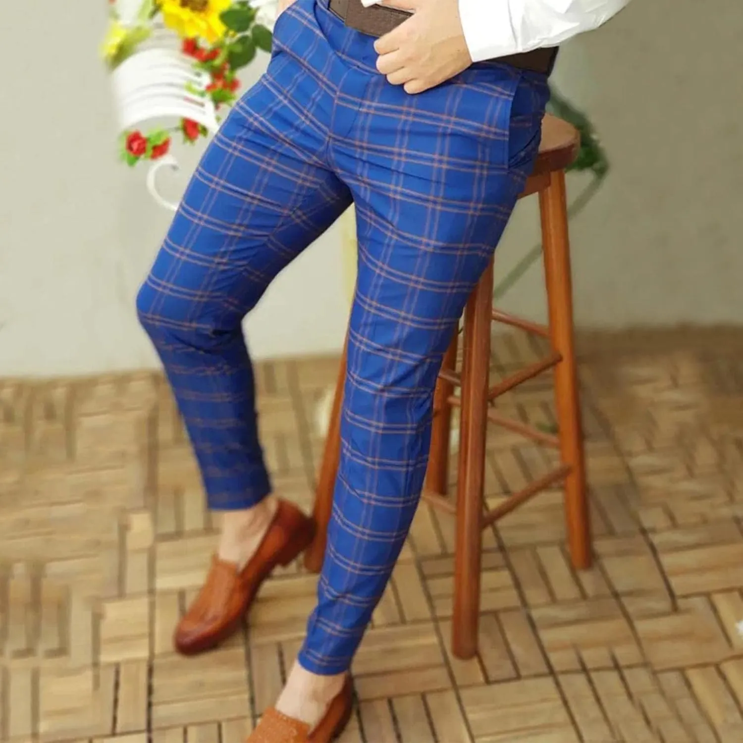Men Grid Tailored Pants Casual Slim Fit Chinos Plaid Printed Stretch Flat-Front Dress Pants Skinny Business Pencil Pants