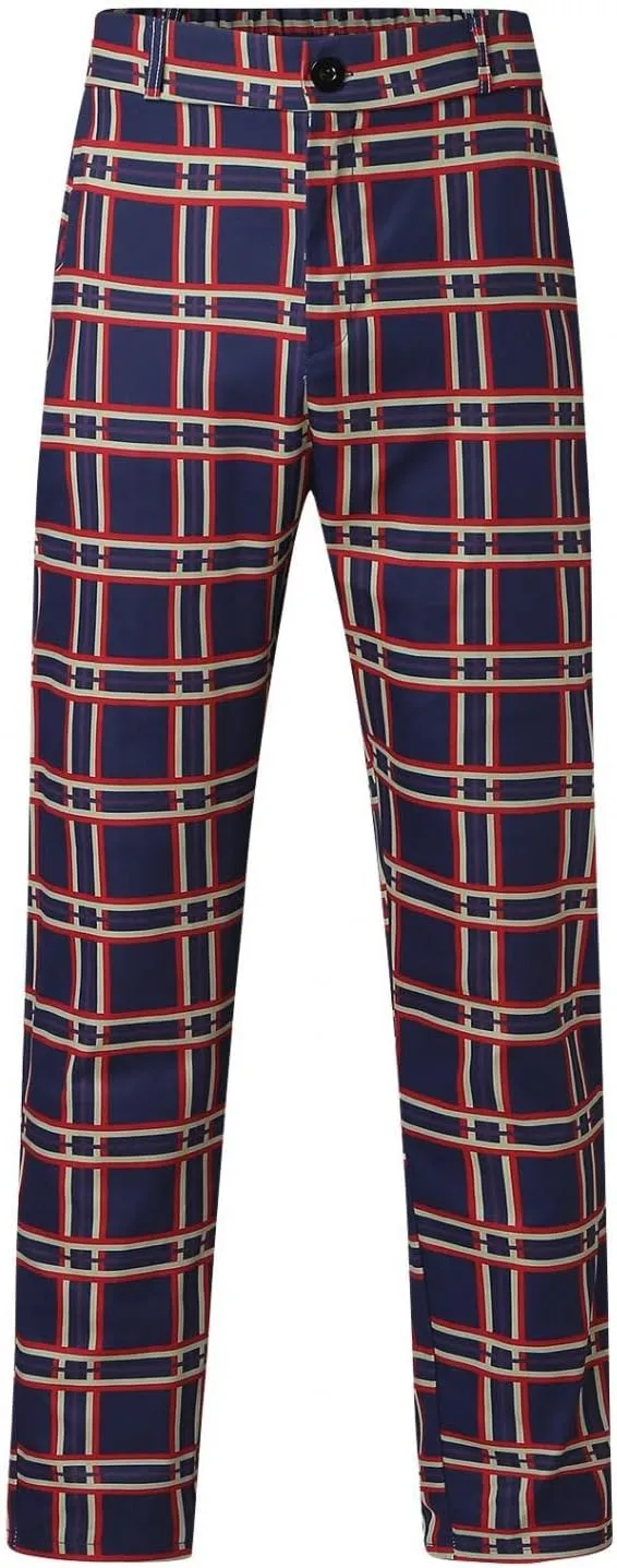 Men Grid Tailored Pants Casual Slim Fit Chinos Plaid Printed Stretch Flat-Front Dress Pants Skinny Business Pencil Pants