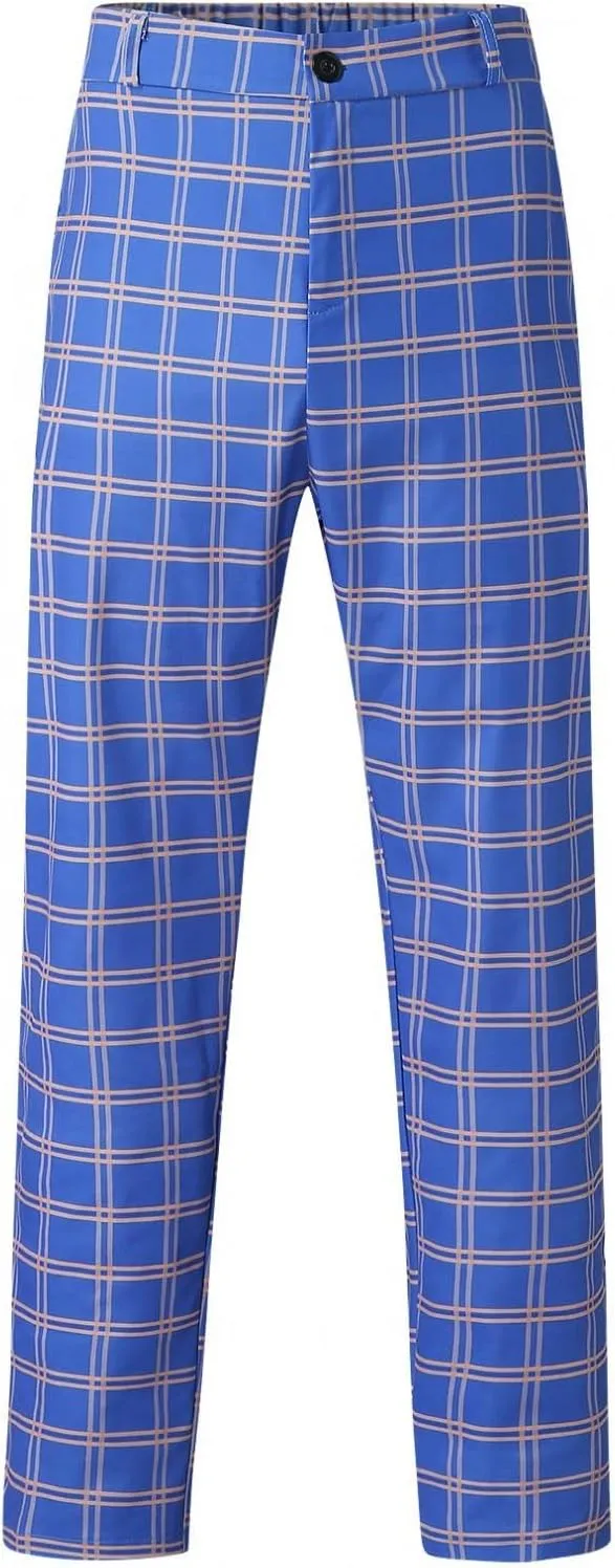 Men Grid Tailored Pants Casual Slim Fit Chinos Plaid Printed Stretch Flat-Front Dress Pants Skinny Business Pencil Pants
