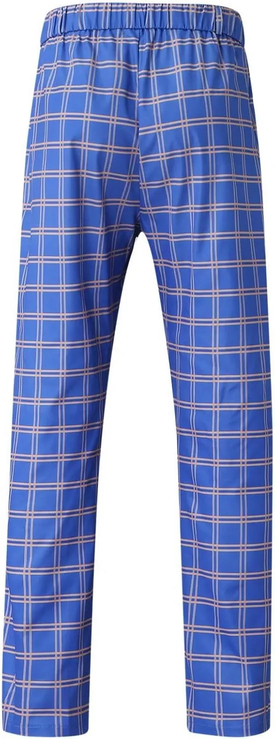 Men Grid Tailored Pants Casual Slim Fit Chinos Plaid Printed Stretch Flat-Front Dress Pants Skinny Business Pencil Pants