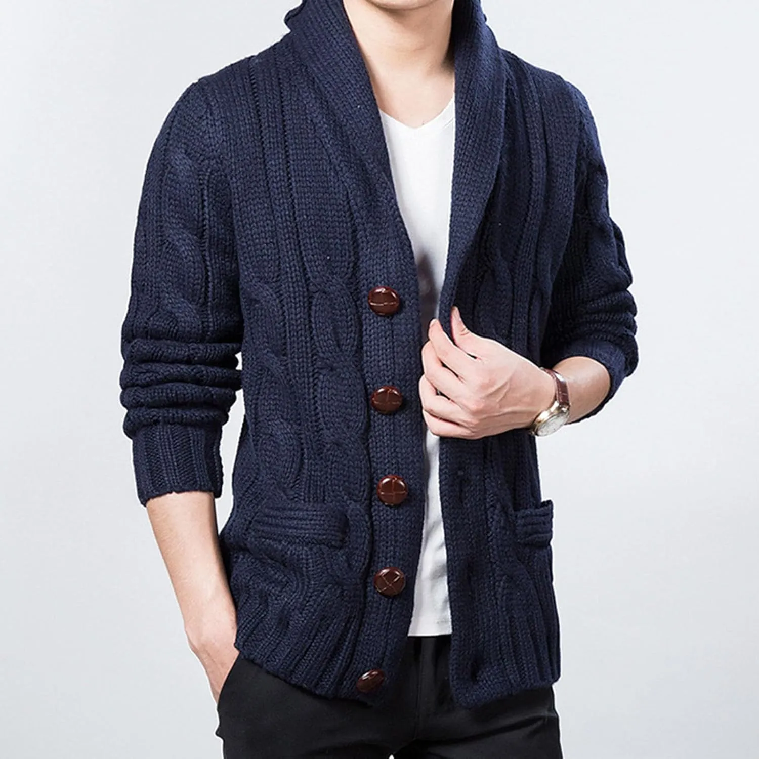 Men Shawl Collar Cardigan Sweater Casual Button Down Open Front Knitwear Loose Cable Knitted Ribbed Jacket Outwear