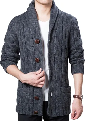 Men Shawl Collar Cardigan Sweater Casual Button Down Open Front Knitwear Loose Cable Knitted Ribbed Jacket Outwear