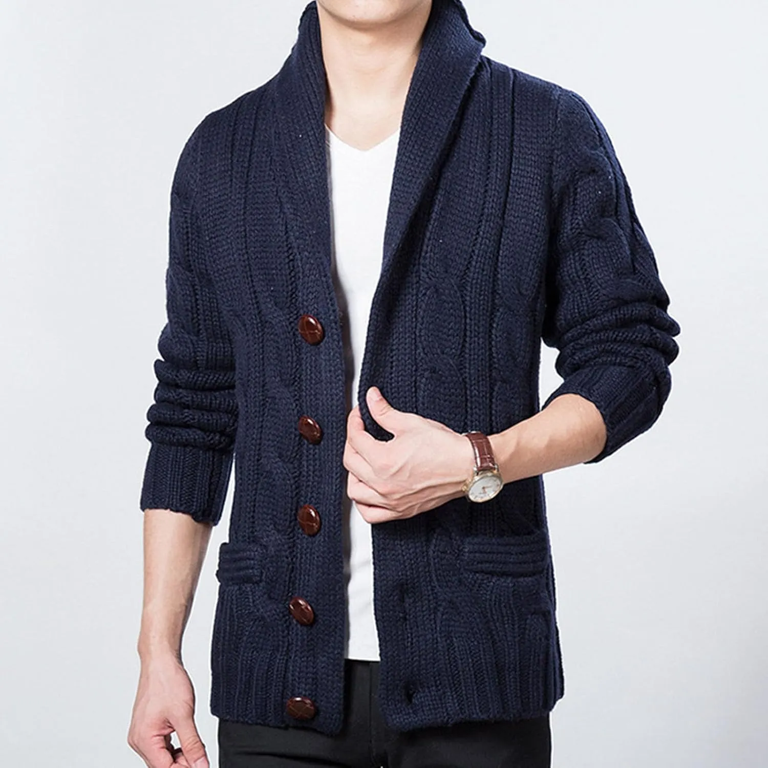Men Shawl Collar Cardigan Sweater Casual Button Down Open Front Knitwear Loose Cable Knitted Ribbed Jacket Outwear