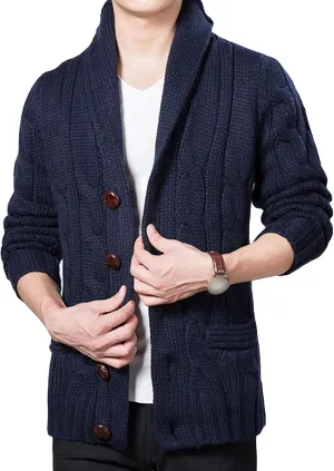 Men Shawl Collar Cardigan Sweater Casual Button Down Open Front Knitwear Loose Cable Knitted Ribbed Jacket Outwear