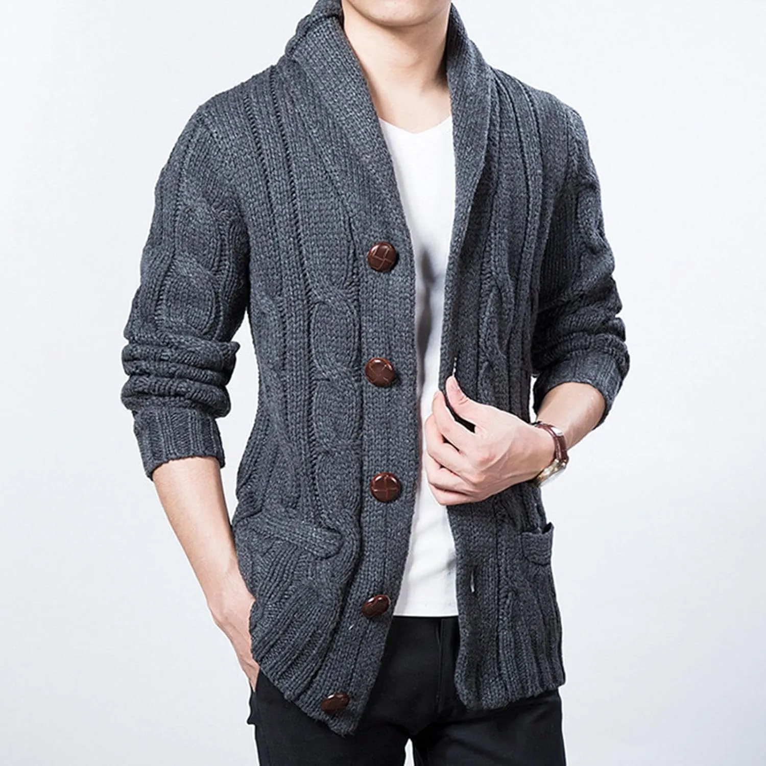 Men Shawl Collar Cardigan Sweater Casual Button Down Open Front Knitwear Loose Cable Knitted Ribbed Jacket Outwear