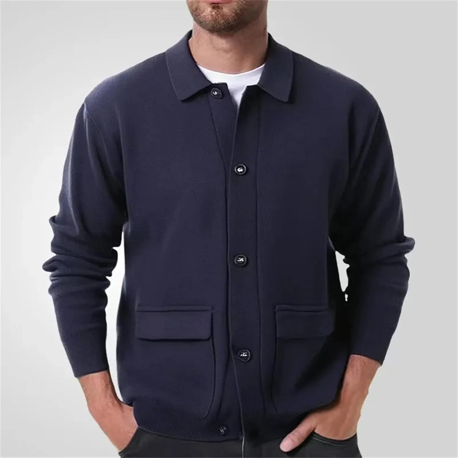 Men Winter Cardigan Sweater Fashion Solid Knitwear Long Sleeve Lapel Button Down Knitted Coat Male Tops