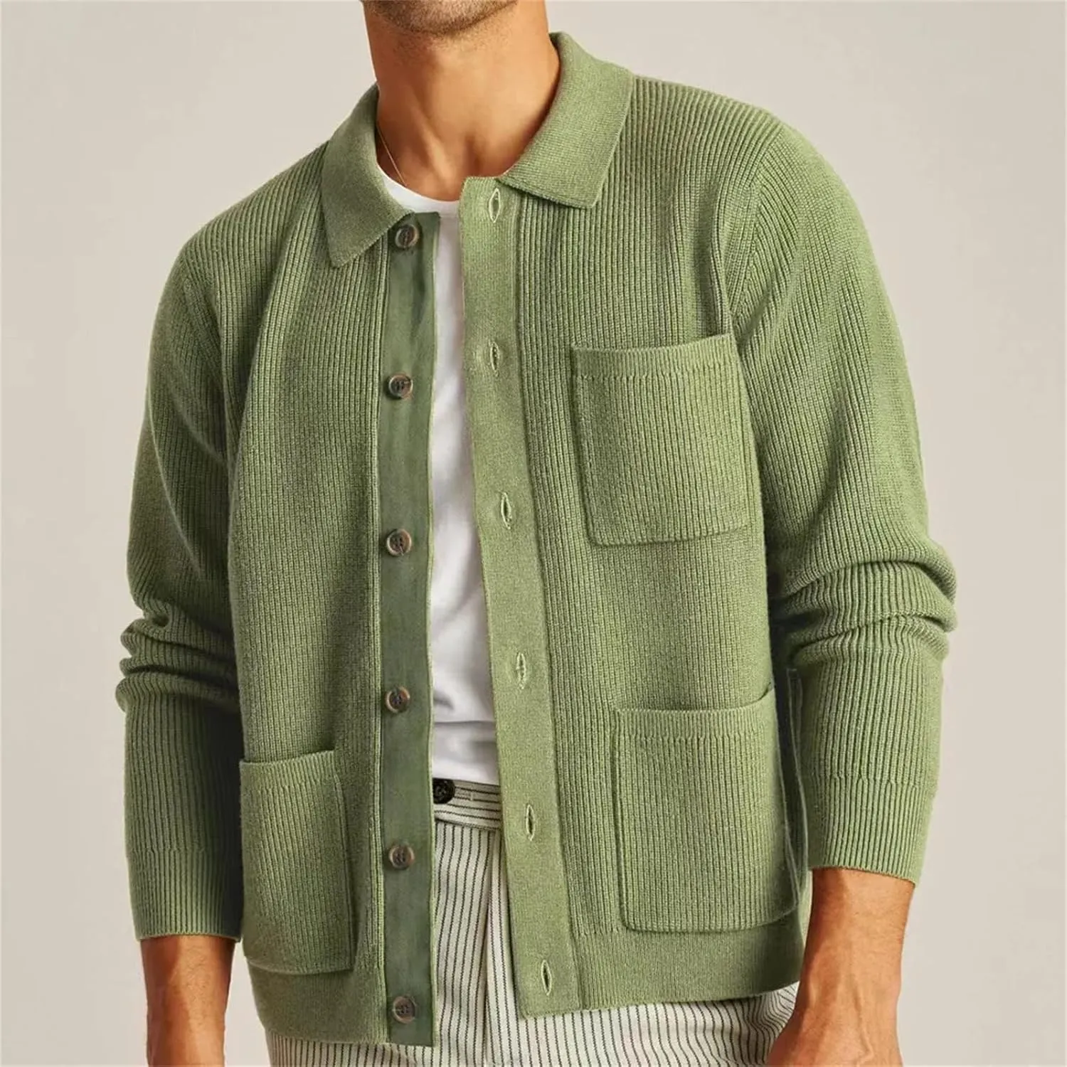 Men Winter Cardigan Sweater Fashion Solid Knitwear Long Sleeve Lapel Button Down Knitted Coat Male Tops