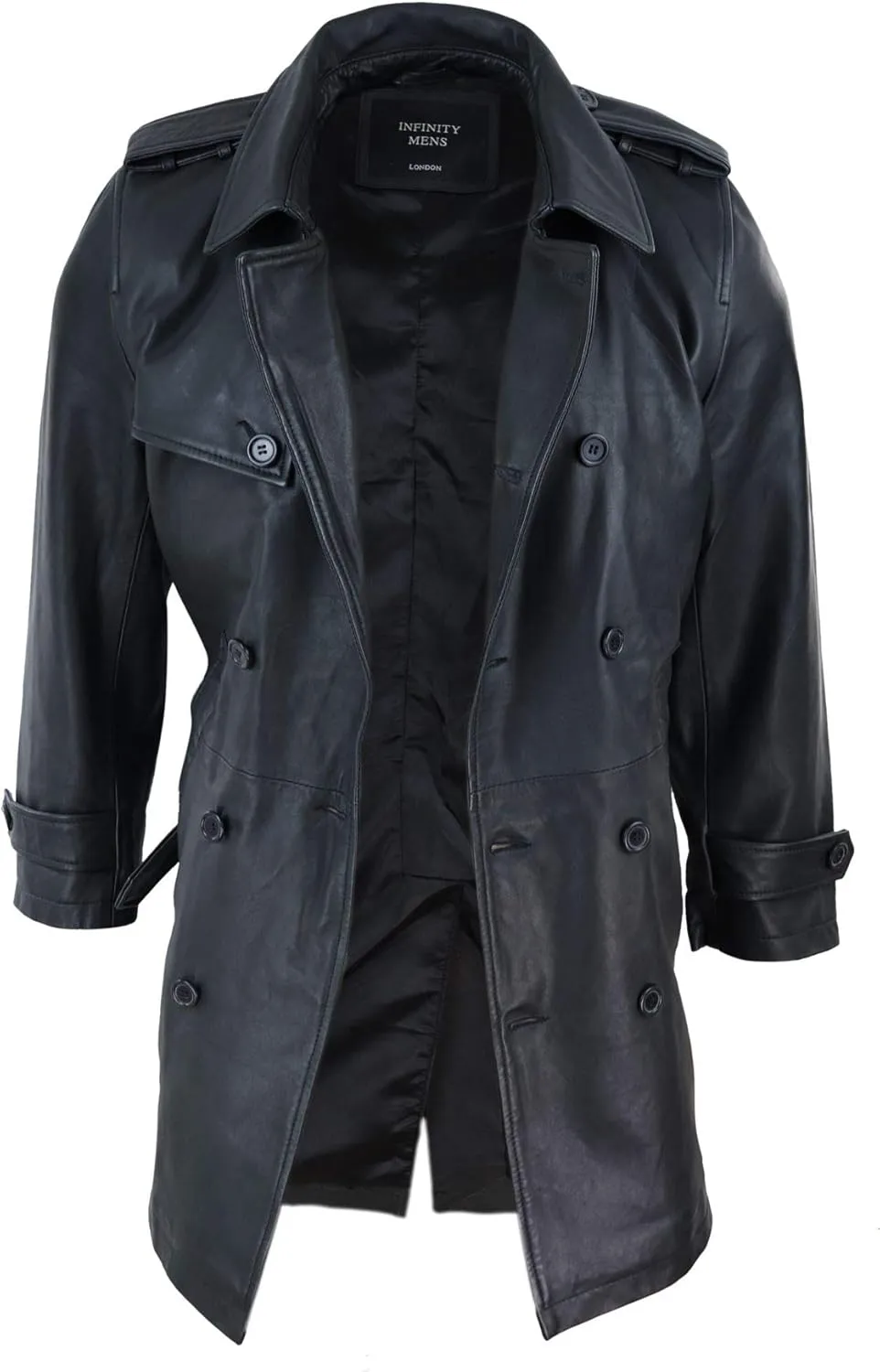 Mens Black 3/4 Trench Coat Real Leather Belted Jacket Classic Soft Napa Classic